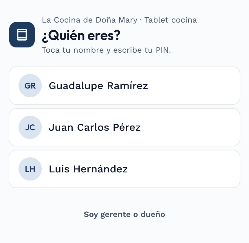 Pantalla «¿Quién eres?» en la tablet de la cocina, con los nombres de los empleados para tocar y entrar con su PIN.